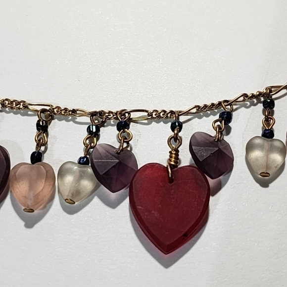 Vintage Pididdly Links Goldtone Czech frosted glass heart charm necklace 24" - Picture 7 of 11